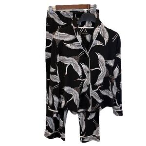 Room Service Women's Collar Pajama Set Black Crane Small